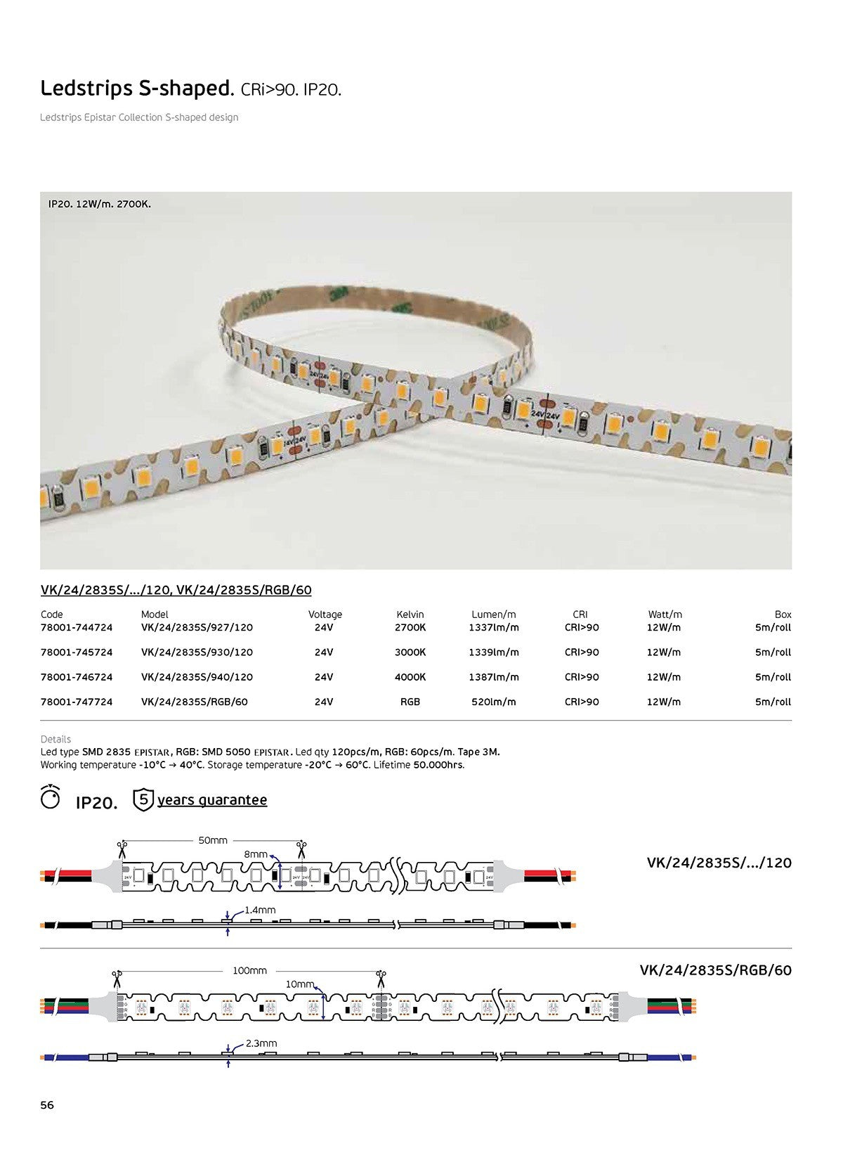 LED pásek stranový S-Type 24V CRI90 IP20 2700K (5m)
