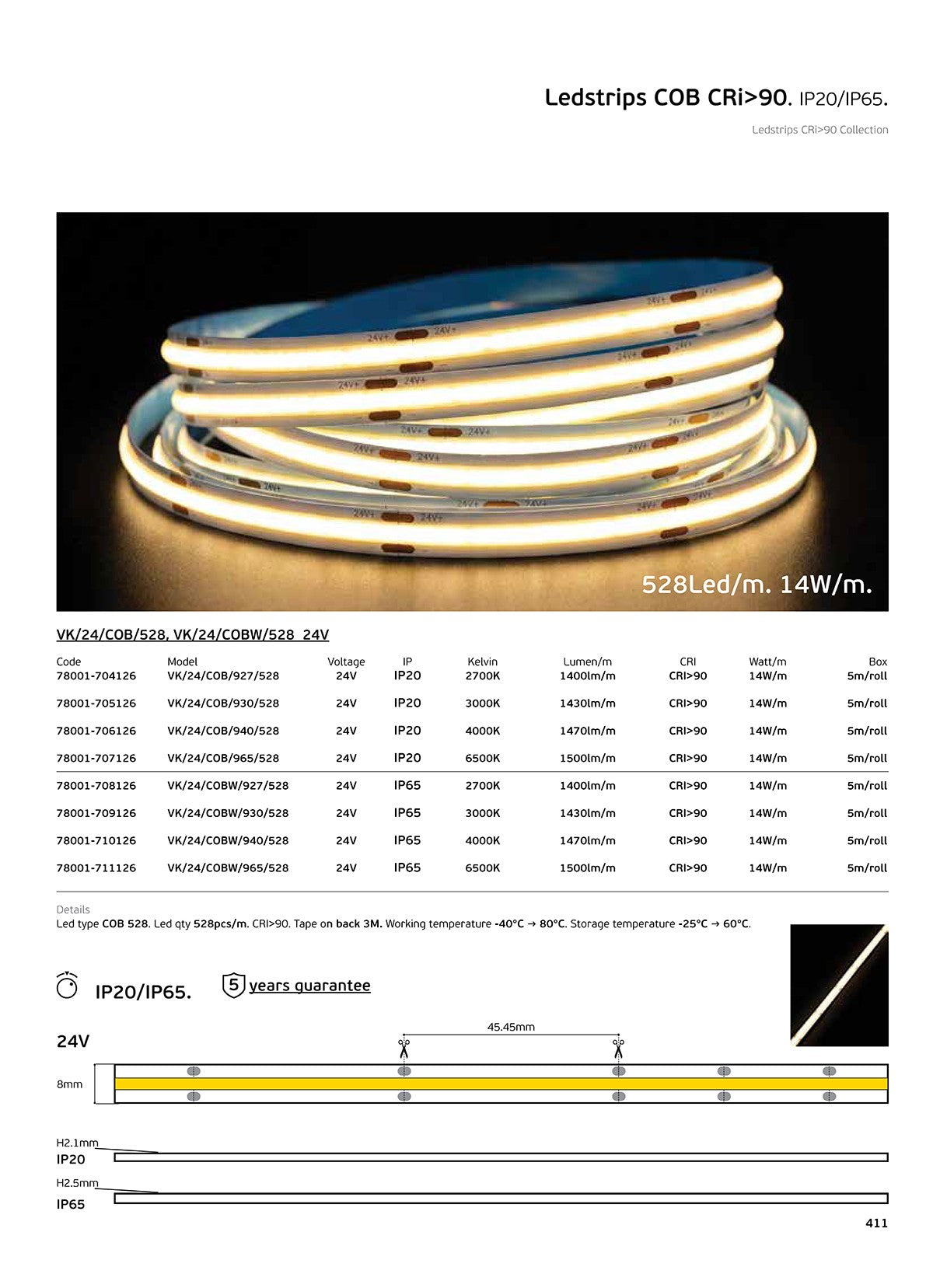 LED pásek COB 24V CRI90 IP20 3000K/4000K Stmívatelný (5m)