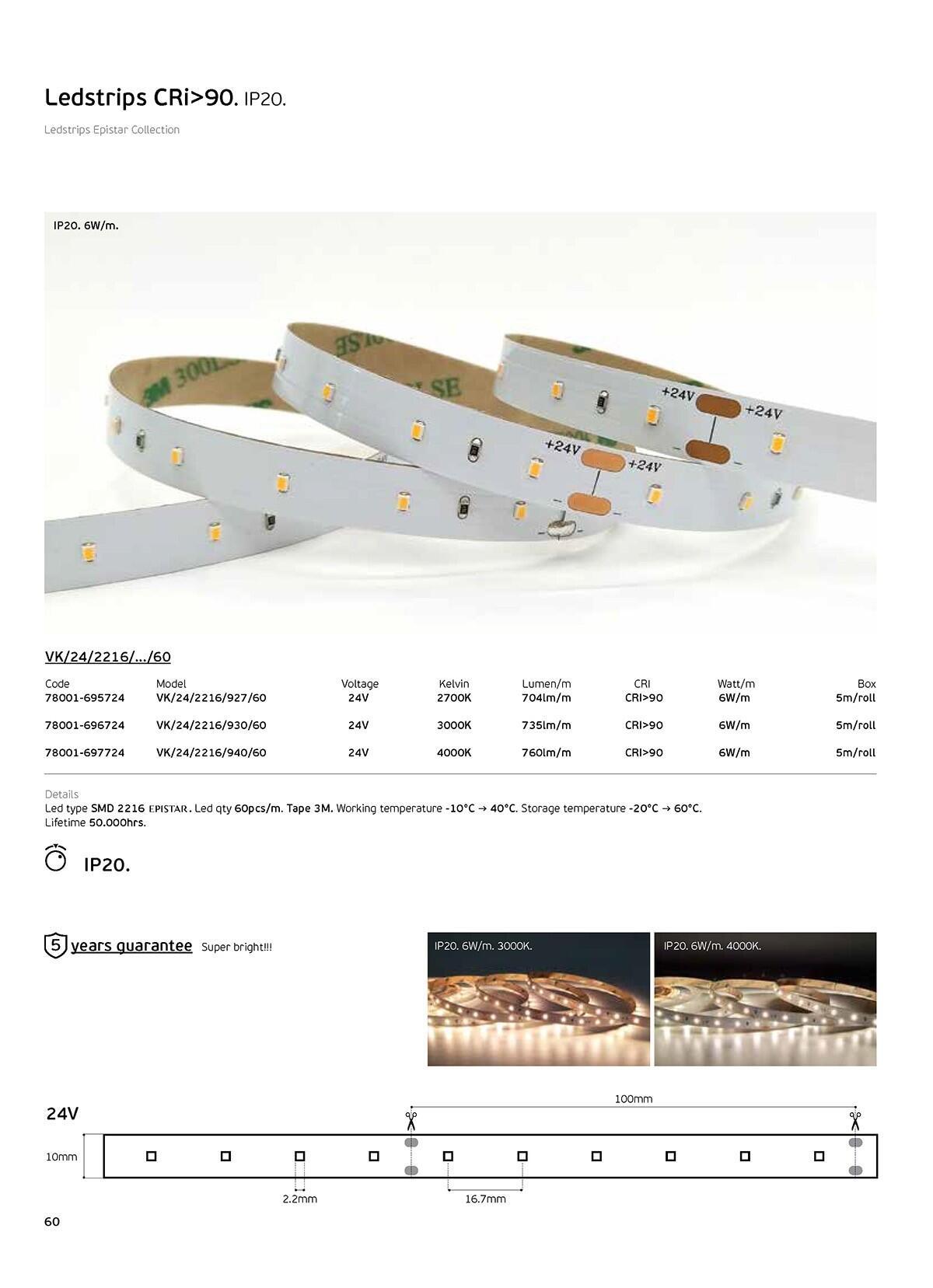 LED pásek 24V CRI90 IP20 2700K (5m)