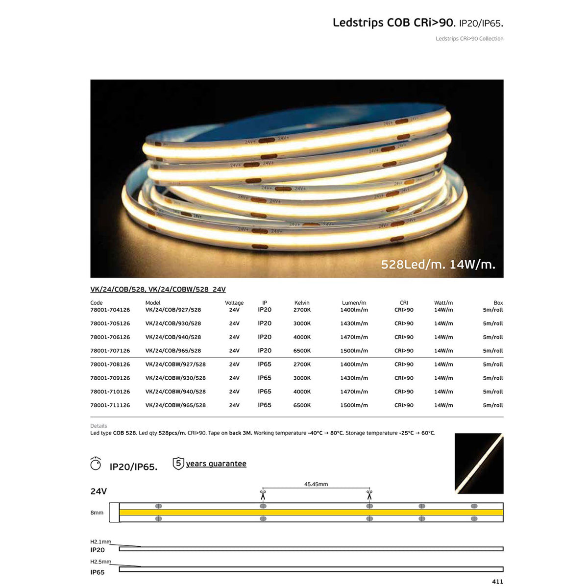 LED COB pásek 24V CRI90 IP65 3000K Stmívatelný (5m)